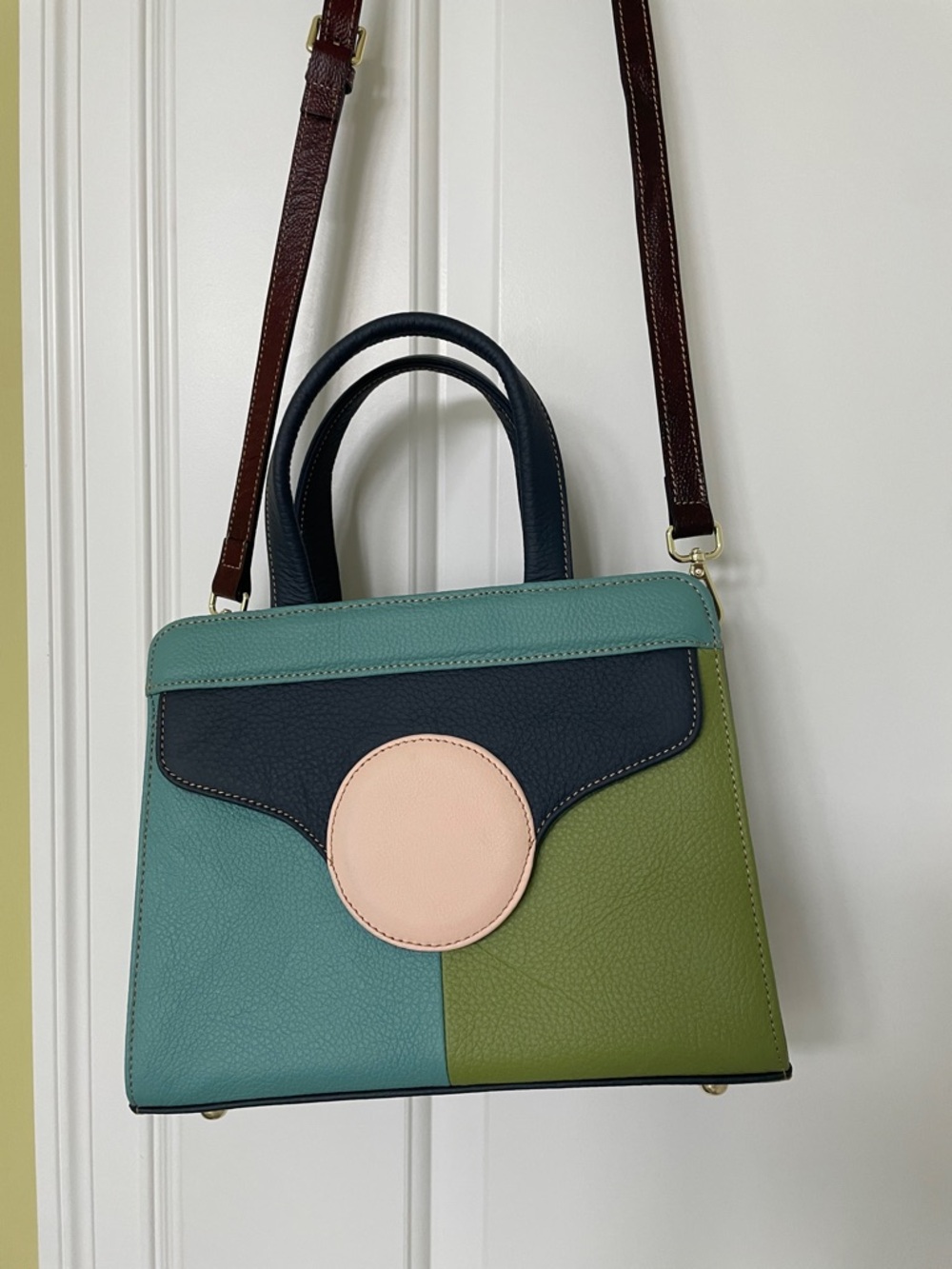 Colorblock Leather Top-Handle Bag with Removable Strap - Teal, Olive & Blush